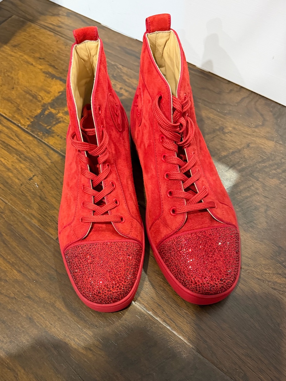 Christian Louboutin Red Suede Lace-Up High Top Boots with Crystal Toe Caps